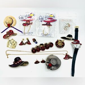 Red Jewelry Lot Brooches Pins Watch Necklace Earrings